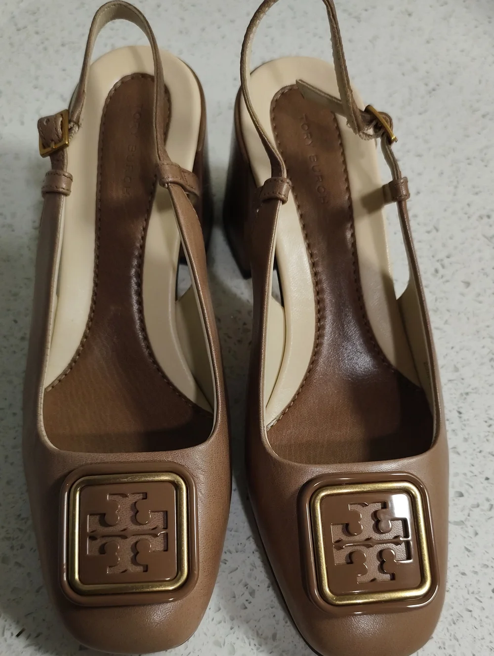 Tory Burch Tan Leather Slingback Heels with Gold Logo Plaque